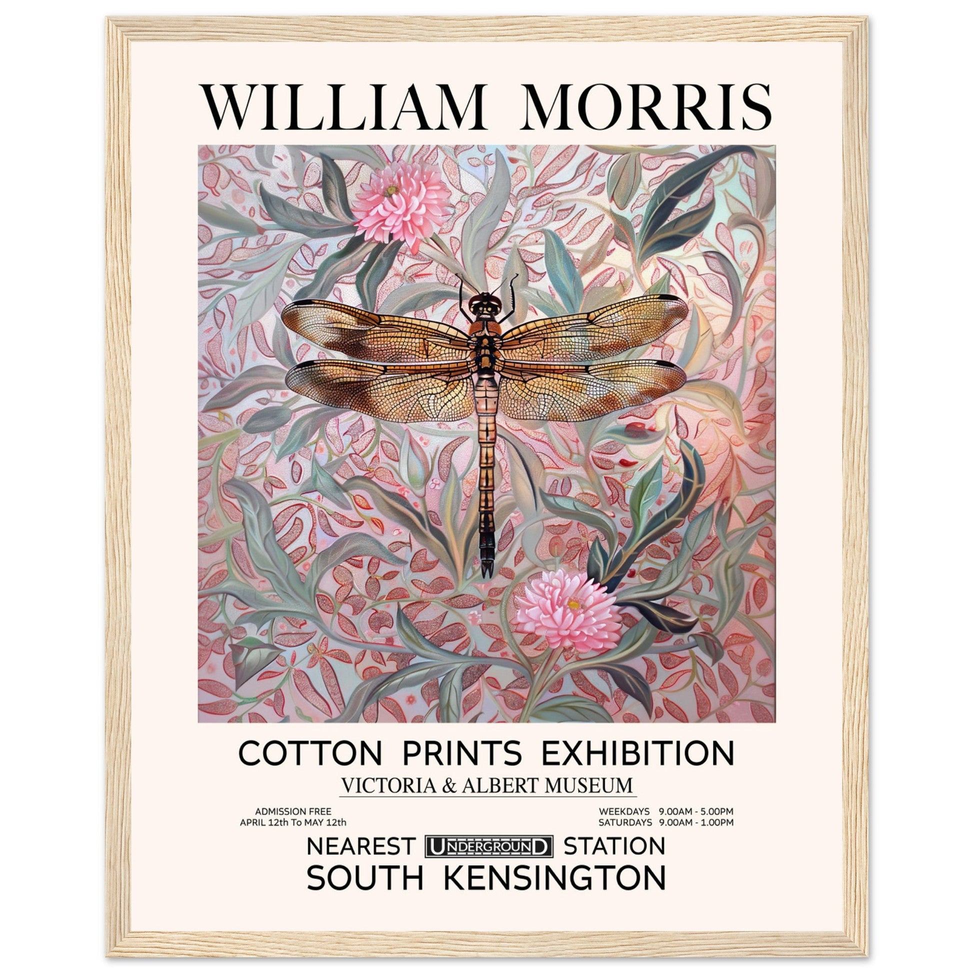 William Morris - Pink Daisies And Dragonfly - Framed Print, Art Nouveau, Floral Background, , #illieeart