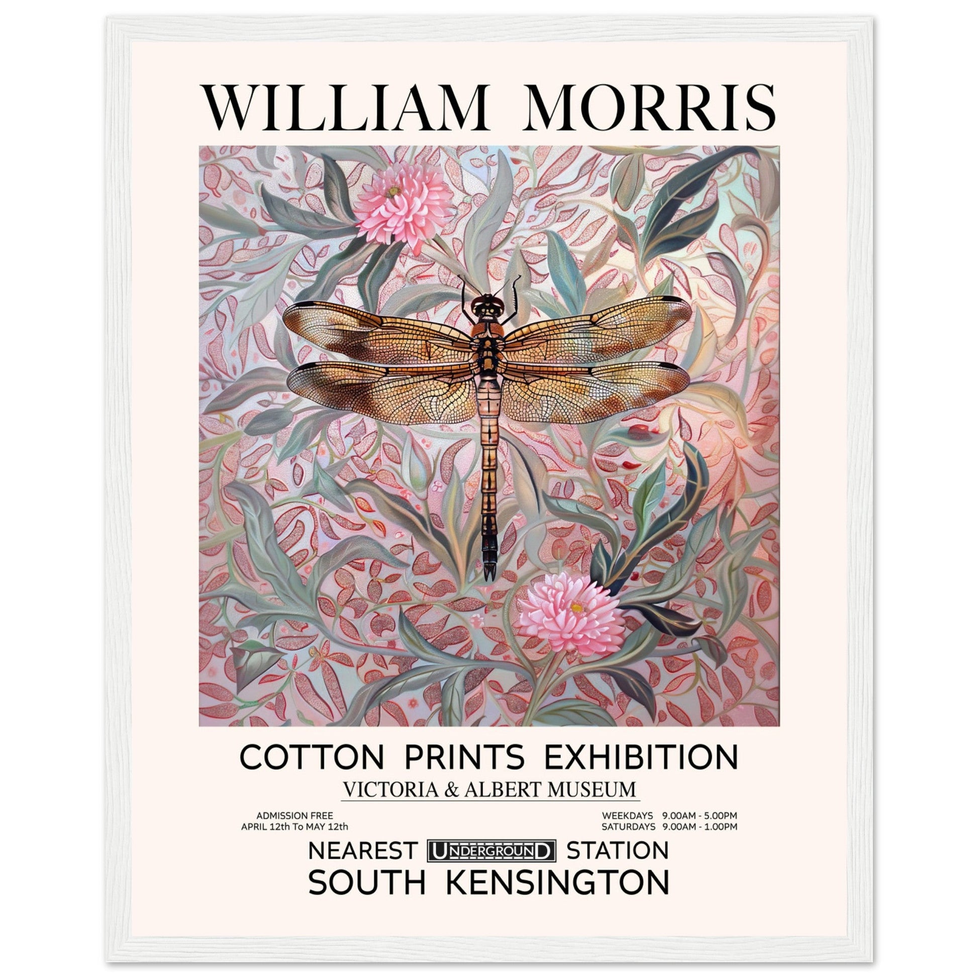 William Morris - Pink Daisies And Dragonfly - Framed Print, Art Nouveau, Floral Background, , #illieeart