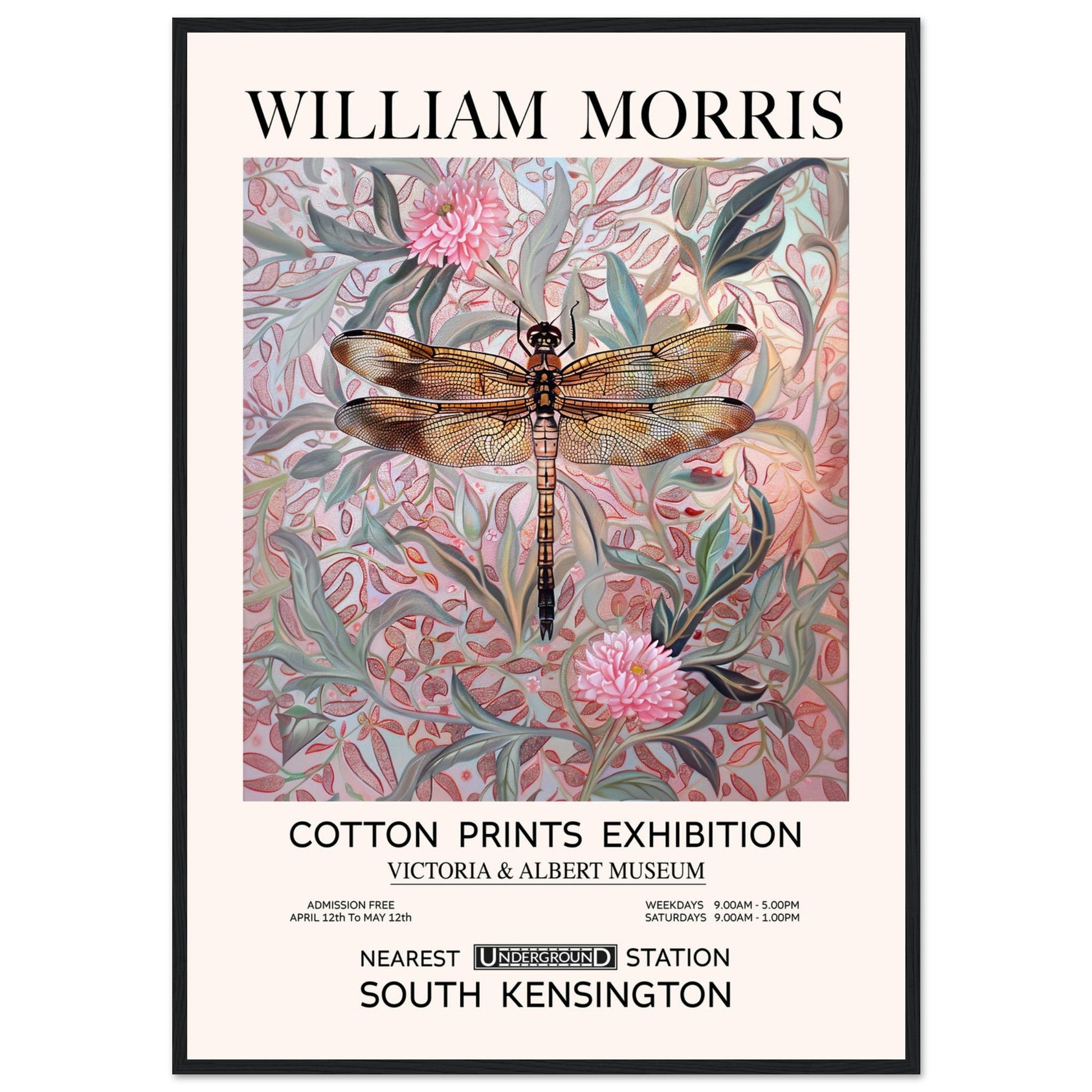 William Morris - Pink Daisies And Dragonfly - Framed Print, Art Nouveau, Floral Background, , #illieeart