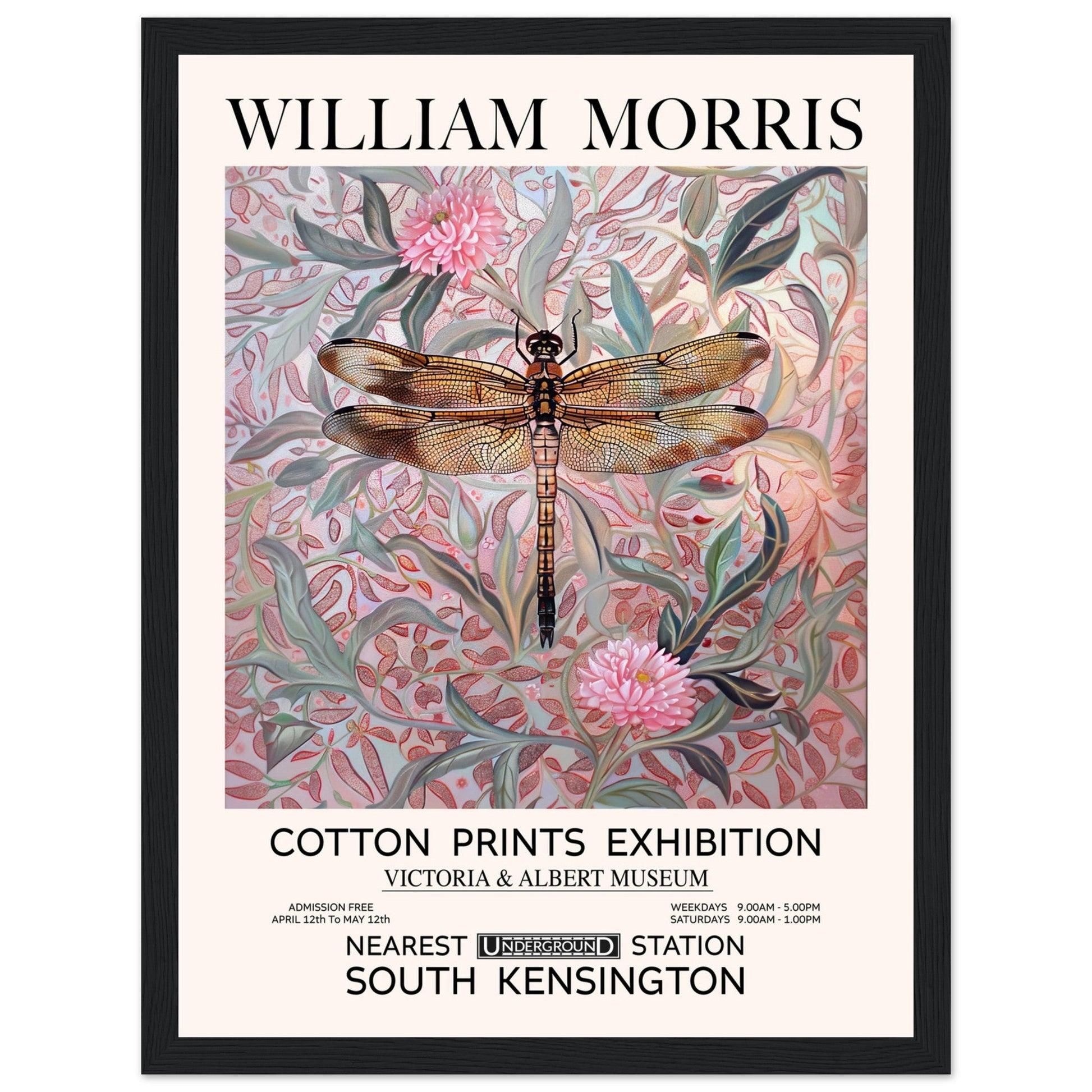 William Morris - Pink Daisies And Dragonfly - Framed Print, Art Nouveau, Floral Background, , #illieeart