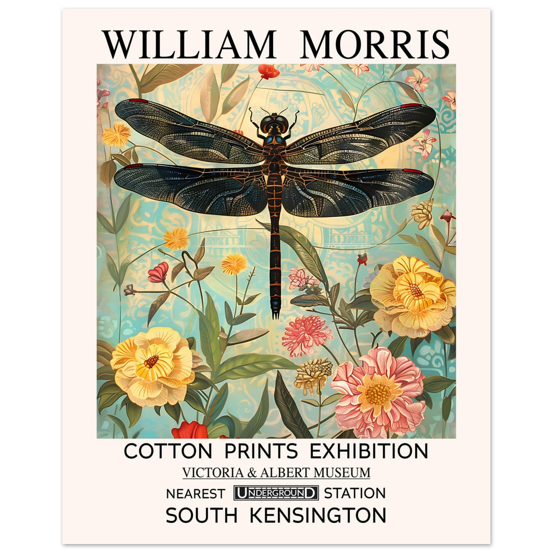 William Morris Print - The Dragonfly, Blue, Floral Background, , #illieeart