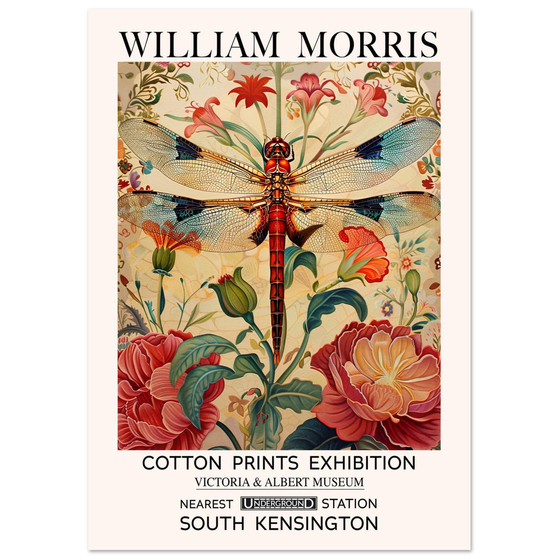 William Morris Print - The Dragonfly, cream, Floral Background, , #illieeart