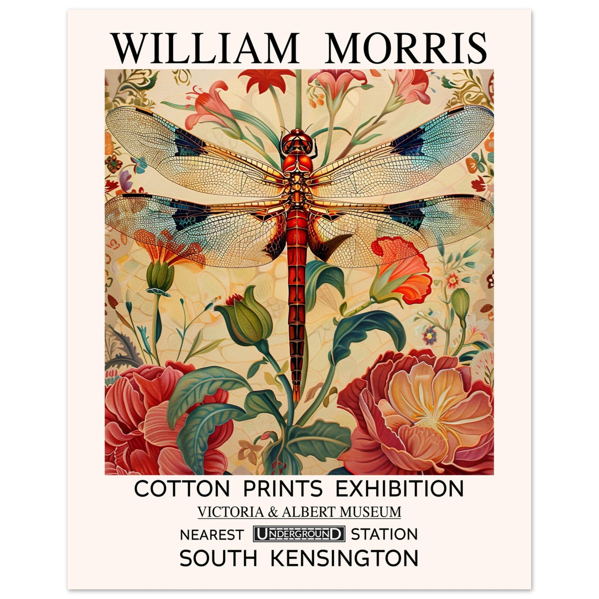 William Morris Print - The Dragonfly, cream, Floral Background, , #illieeart