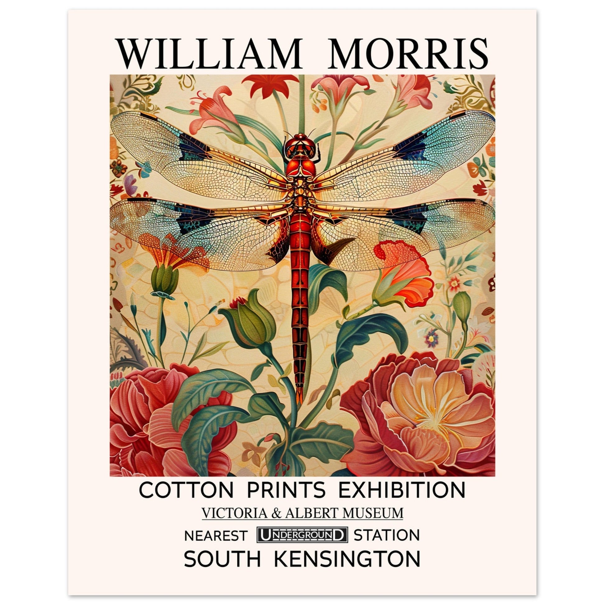 William Morris Print - The Dragonfly, cream, Floral Background, , #illieeart