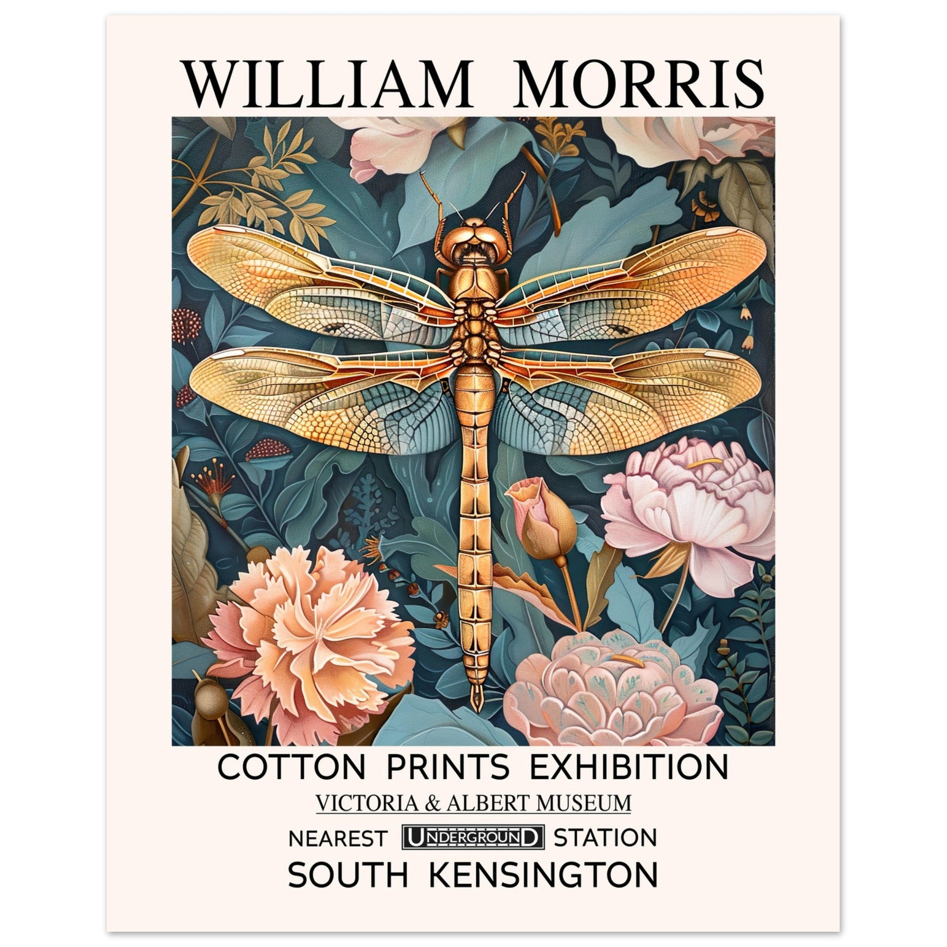 William Morris Print - The Dragonfly, Floral Background, Teal, , #illieeart