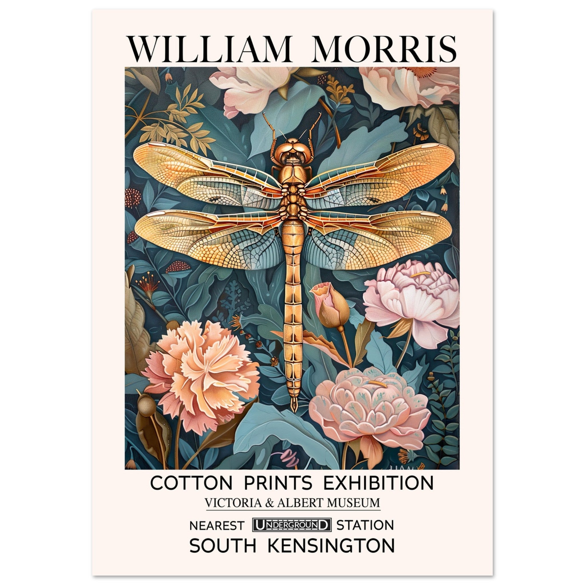 William Morris Print - The Dragonfly, Floral Background, Teal, , #illieeart