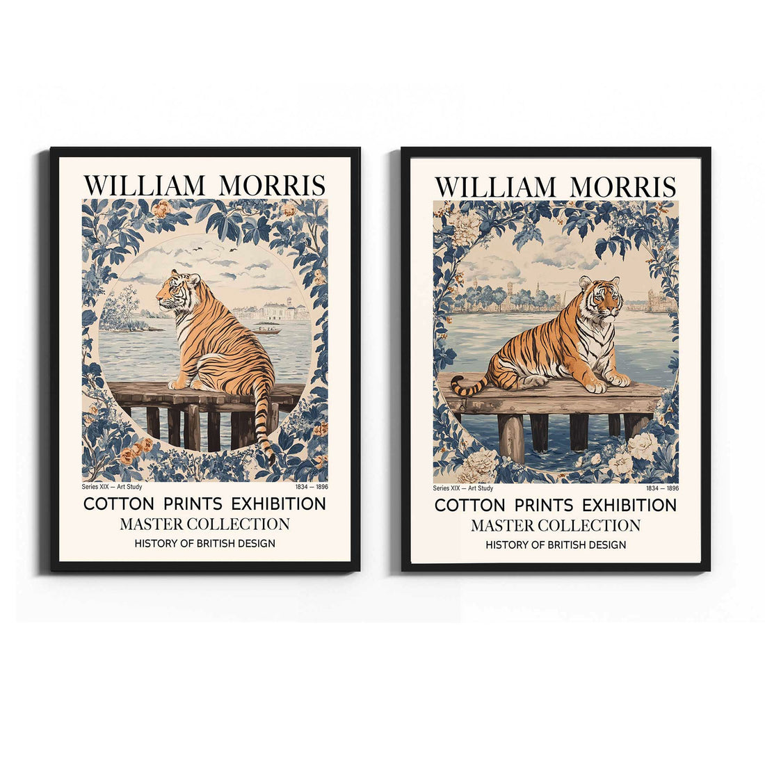 Two framed William Morris art prints side by side, featuring a tiger on a dock with decorative floral borders and text reading 'William Morris' and 'Cotton Prints Exhibition Master Collection'.
