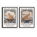 Two framed William Morris art prints side by side, featuring a tiger on a dock with decorative floral borders and text reading 'William Morris' and 'Cotton Prints Exhibition Master Collection'.