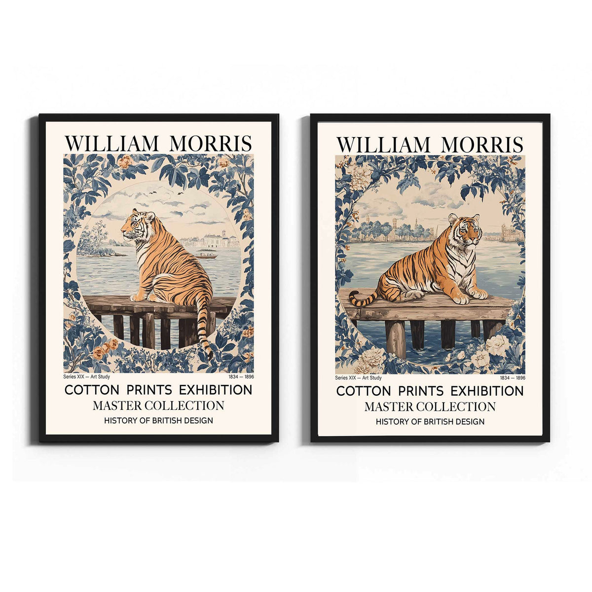Two framed William Morris art prints side by side, featuring a tiger on a dock with decorative floral borders and text reading 'William Morris' and 'Cotton Prints Exhibition Master Collection'.