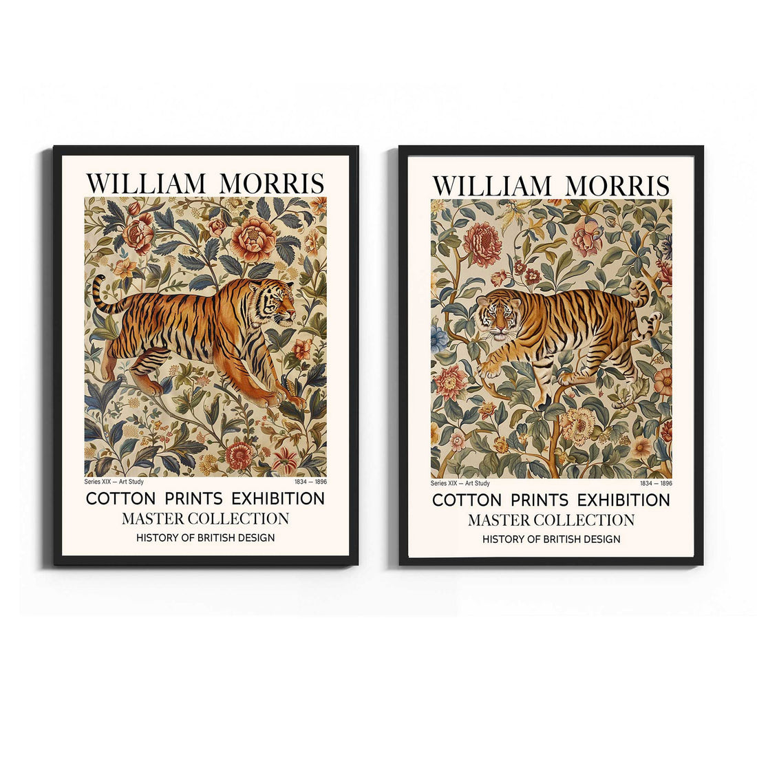 Two framed William Morris art prints side by side, featuring a tiger over a floral pattern with text reading 'WILLIAM MORRIS' and 'COTTON PRINTS EXHIBITION MASTER COLLECTION'.