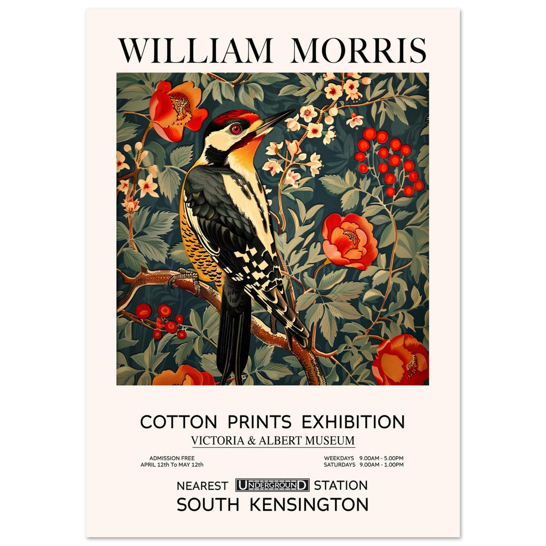 William Morris - Woodpecker, Art Nouveau, british textile print, Floral Background, #illieeart