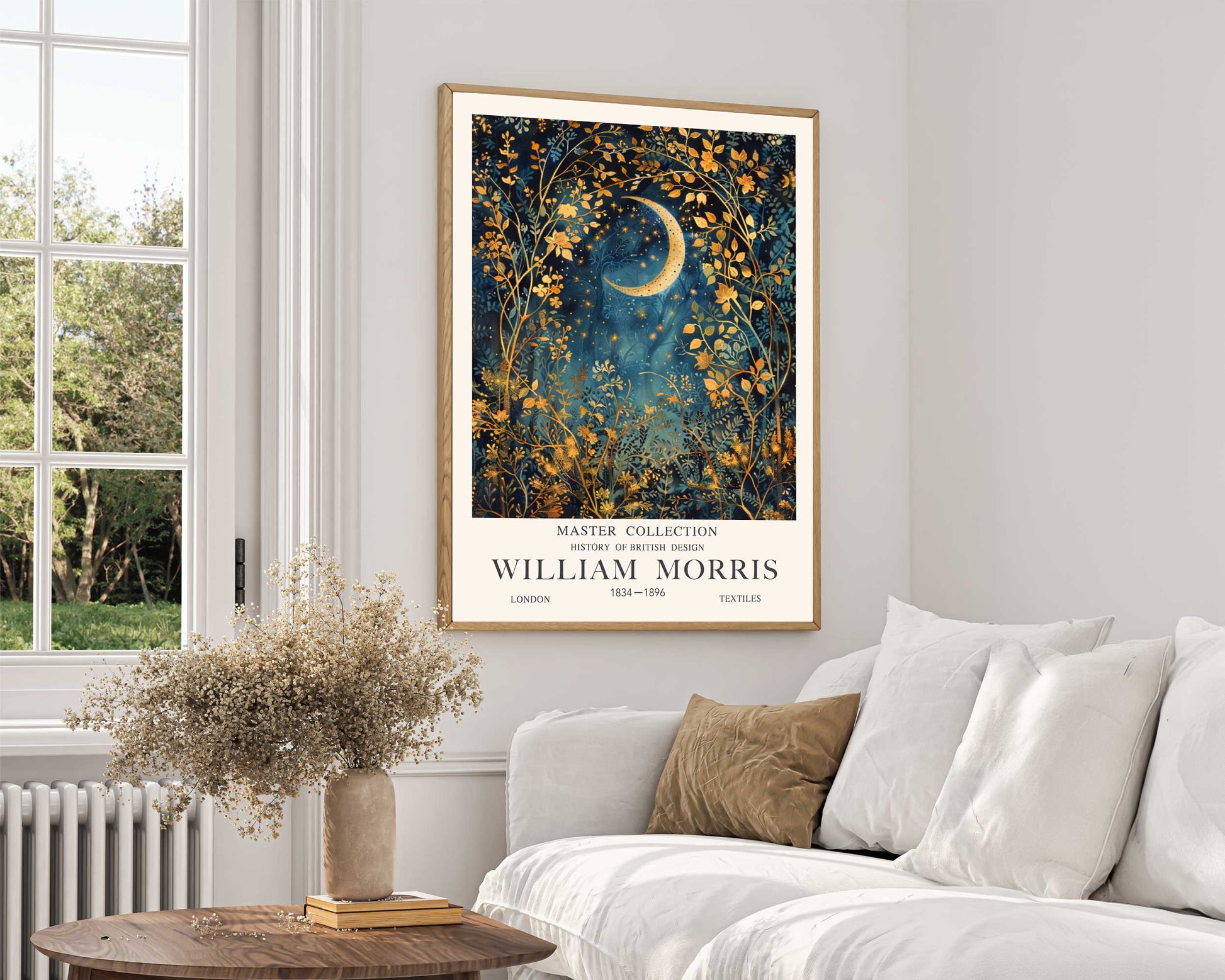 Golden Leaves Crescent Moon Print - William Morris Style Crescent Moon Wall Art -featuring golden leaf border around a detailed crescent moon over a dark midnight forest.