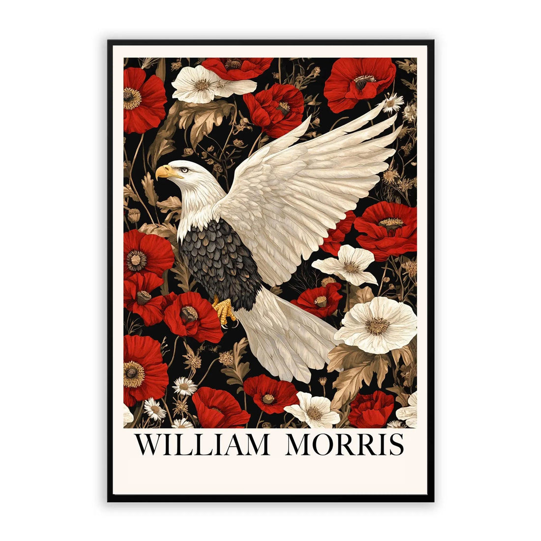 William Morris Style American Eagle Print, featuring a majestic eagle on  red and white flowers  Vintage Style Poster for bedroom, living room and gallery wall decor. Available as poster, and framed print.