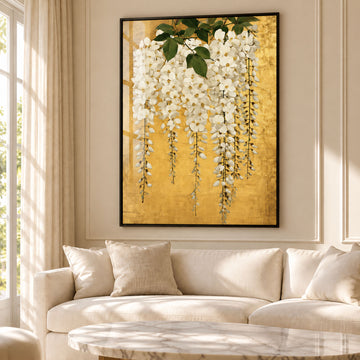 A framed wall art print featuring white wisteria flowers with green leaves on a textured gold background, displayed above a cream-colored sofa in a bright, modern living room.