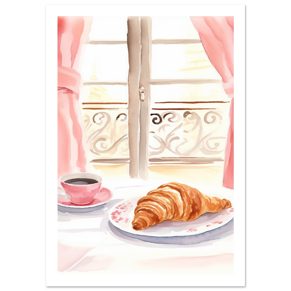 Breakfast in Paris , Window Scene, pink Watercolour Print with white border
