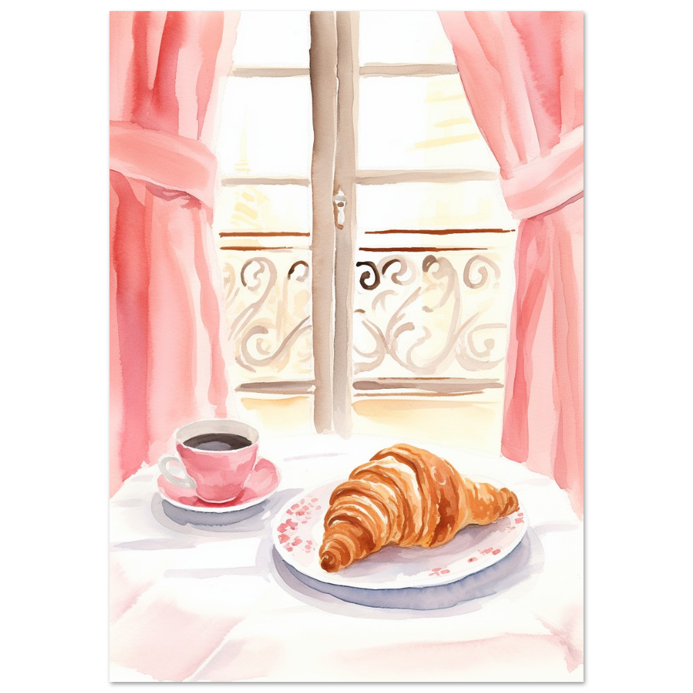 Breakfast in Paris , Window Scene, pink Watercolour Print