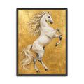 White rearing horse wall art print on a textured gold background featuring flowing mane and detailed equestrian artwork. in black frame