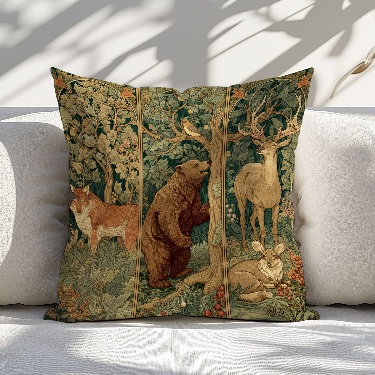 throw pillow with a detailed woodland animal print