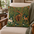 Woodland animal pillow and cushion cover with bear, deer and swan botanical forest design  on chair