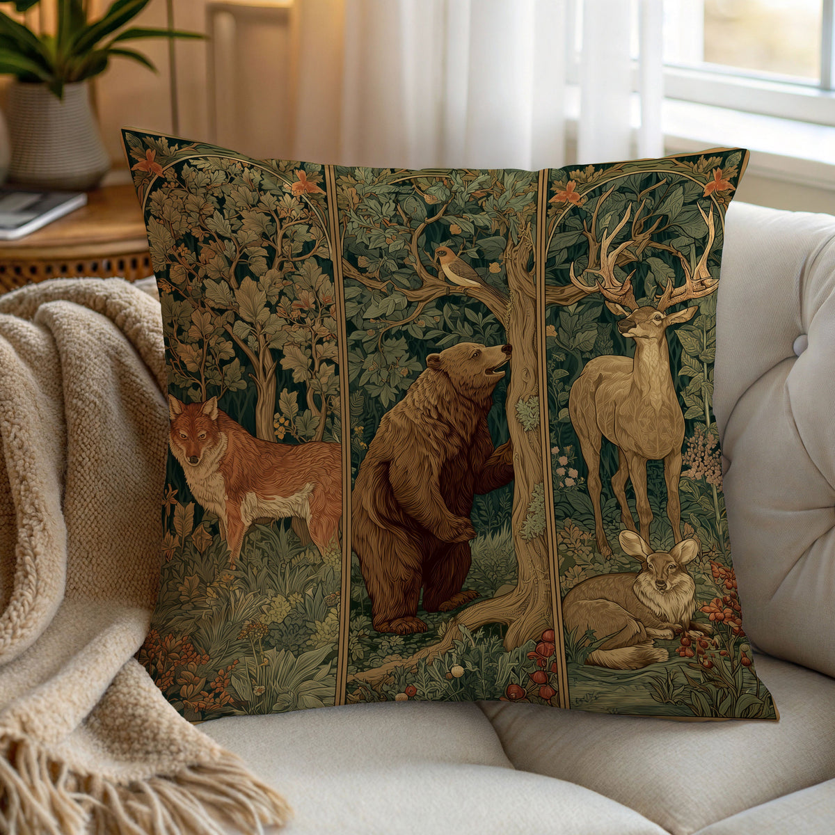 throw pillow with a vintage-style woodland print featuring a fox, bear, deer, and rabbit, styled on a cream tufted sofa with a beige knit throw blanket.