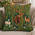 Woodland animal pillow and cushion cover with bear, deer and swan botanical forest design