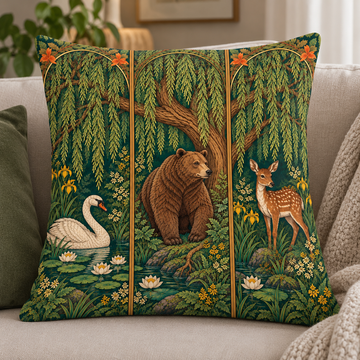 Woodland animal pillow and cushion cover with bear, deer and swan botanical forest design