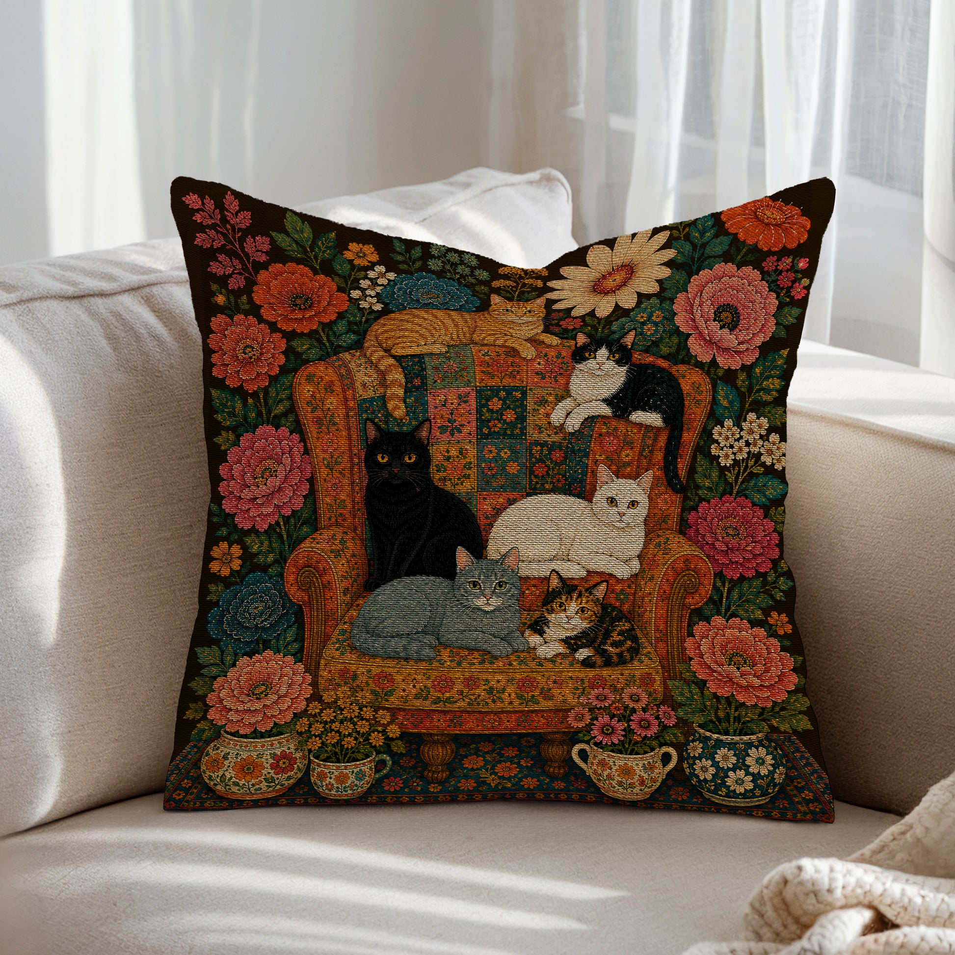 Floral folk art cat throw pillow with cats on a vintage armchair surrounded by colourful flowers