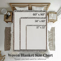 Woven blanket size chart with measurements on a bed