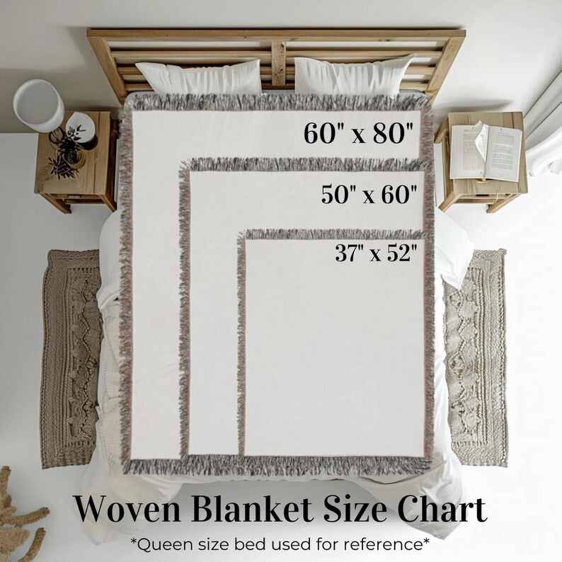 Woven blanket size chart with measurements on a bed