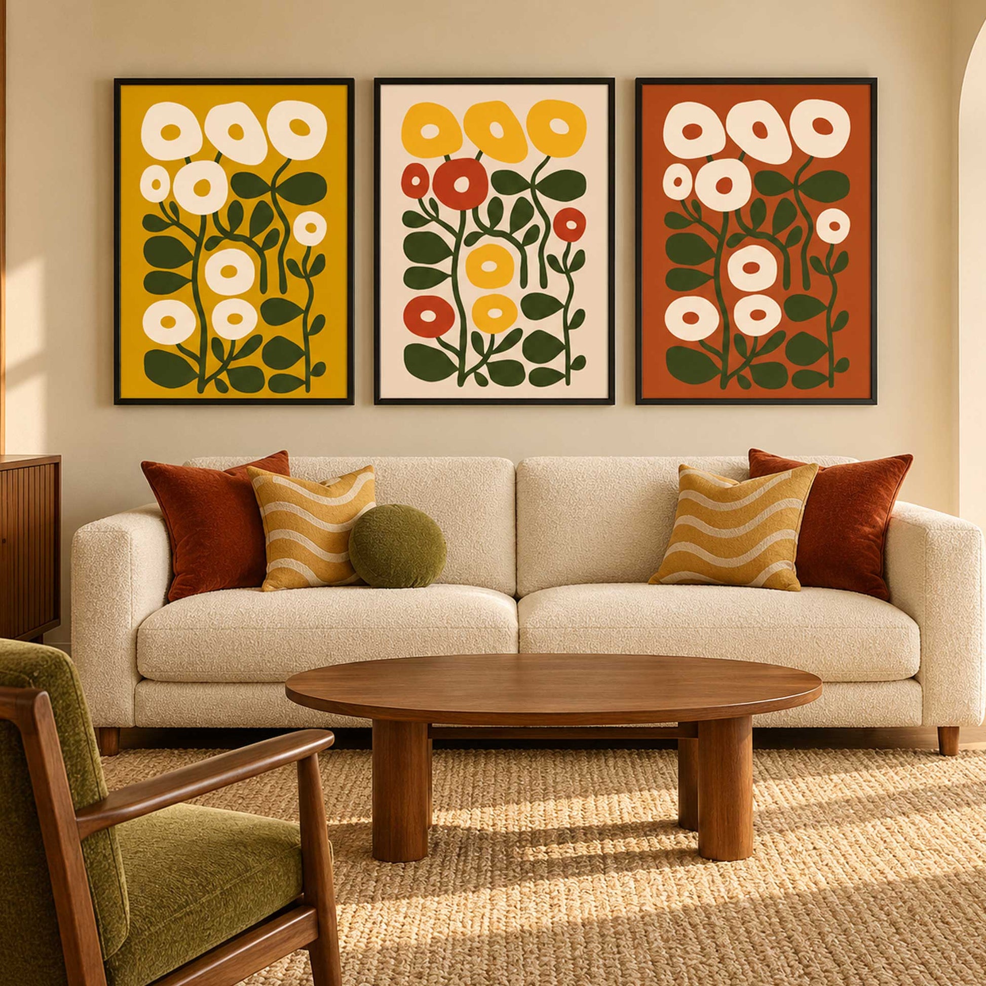  mid-century modern floral art prints in yellow, red, and orange tones are displayed above a cream-colored sofa with decorative throw pillows in a warm, sunlit living room.