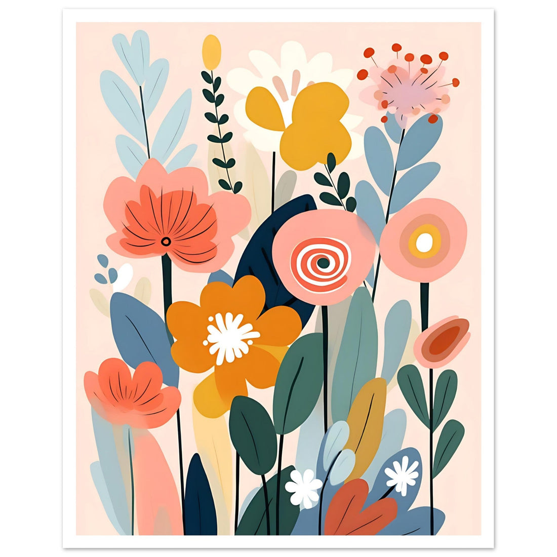 Midcentury Floral Wall Art featuring retro flowers in red and pink colours. This art print brings a retro classic look to living rooms, bedrooms, and everyday interior spaces.