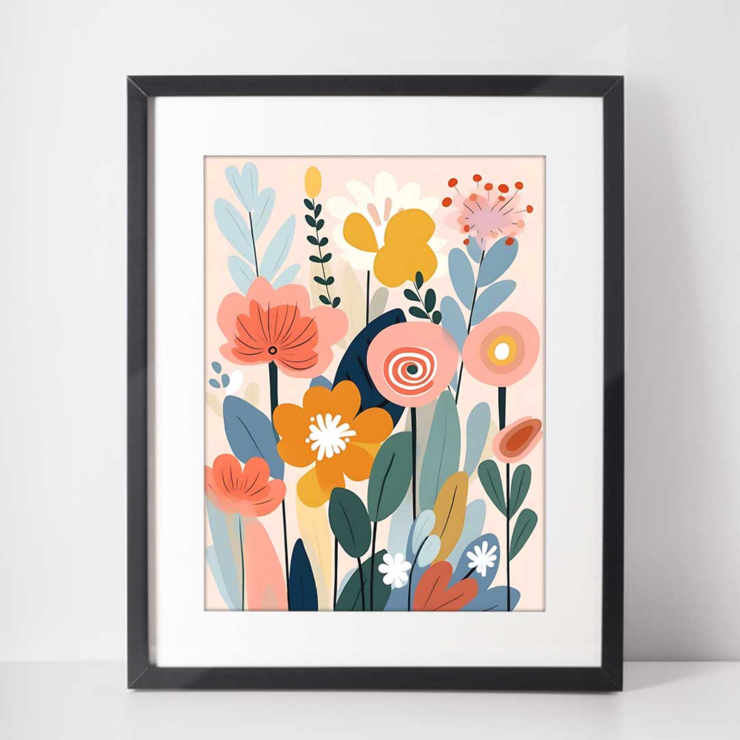 Midcentury Floral Wall Art featuring retro flowers in red and pink colours. This art print brings a retro classic look to living rooms, bedrooms, and everyday interior spaces.