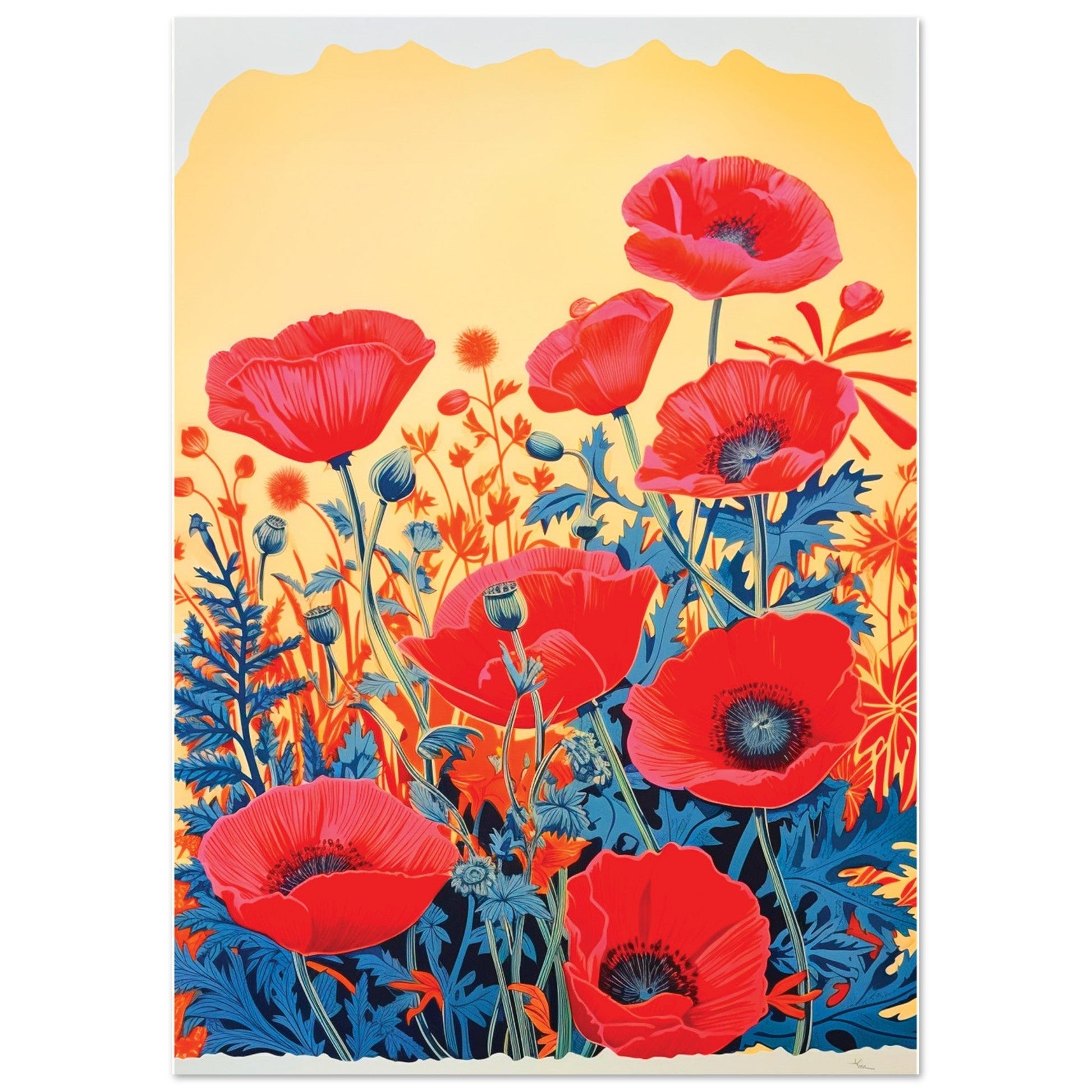Midcentury print retro poppy flower botanical poster colorful wildflower sketch print cream backdrop aesthetic bedroom wall decor