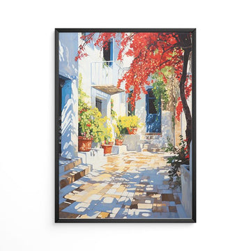 Vintage sunlit mediterranean courtyard painting print bright crimson red vines white buildings colorful summer flowers alley wall decor