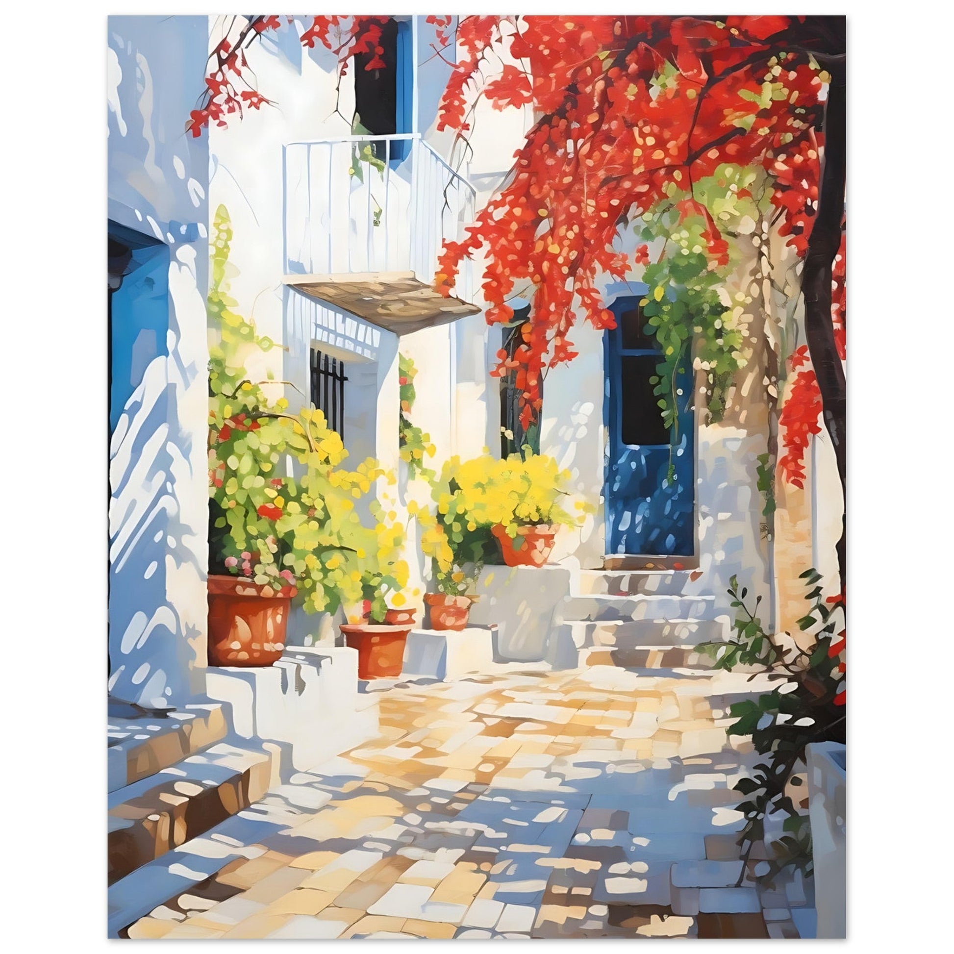 Greece Travel Print - Mediterranean Courtyard, bougainvillea, Mediterranean art print, Travel Poster, #illieeart #