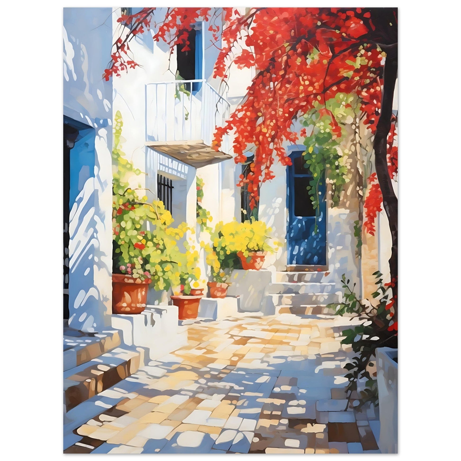 Greece Travel Print - Mediterranean Courtyard, bougainvillea, Mediterranean art print, Travel Poster, #illieeart #