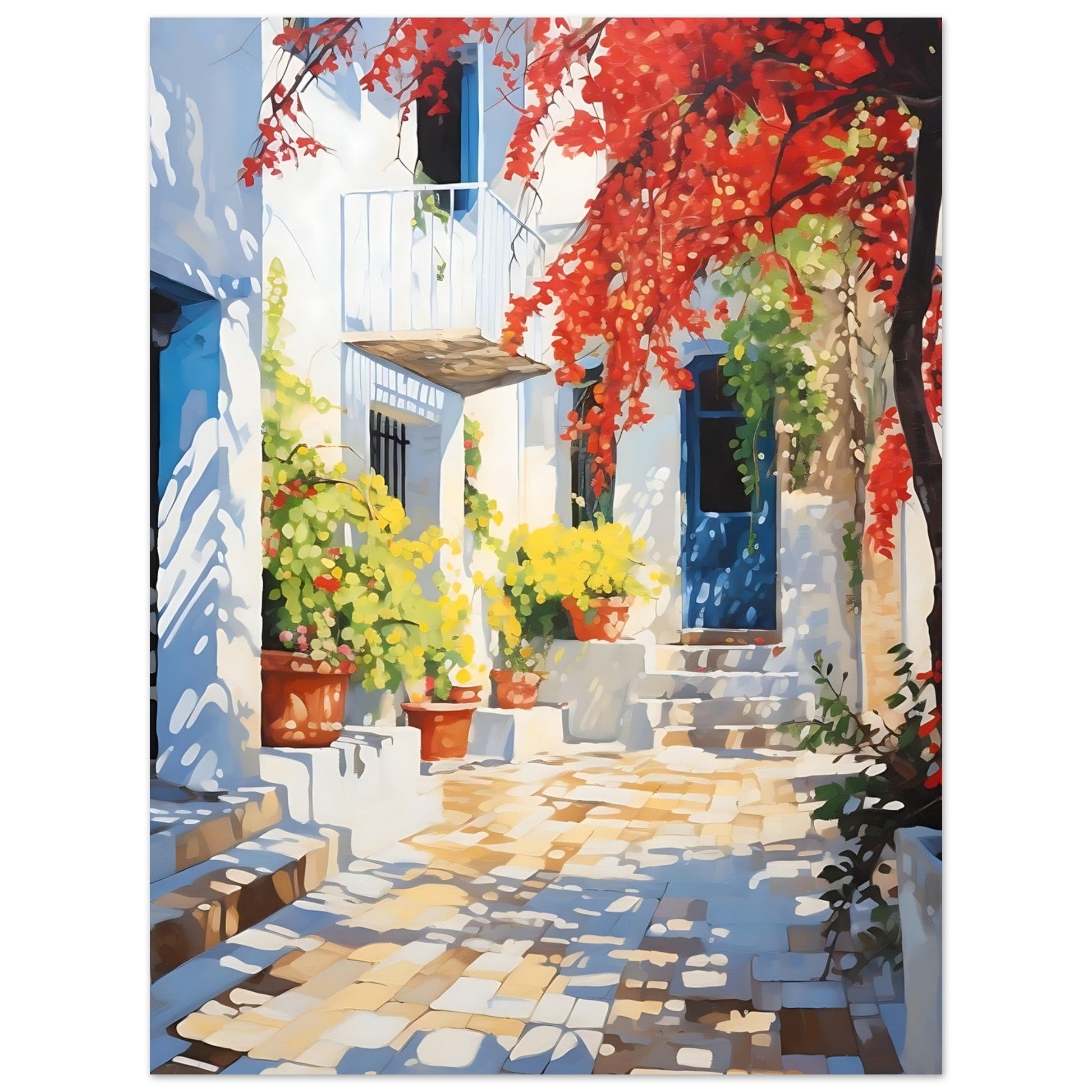 Greece Travel Print - Mediterranean Courtyard, bougainvillea, Mediterranean art print, Travel Poster, #illieeart #