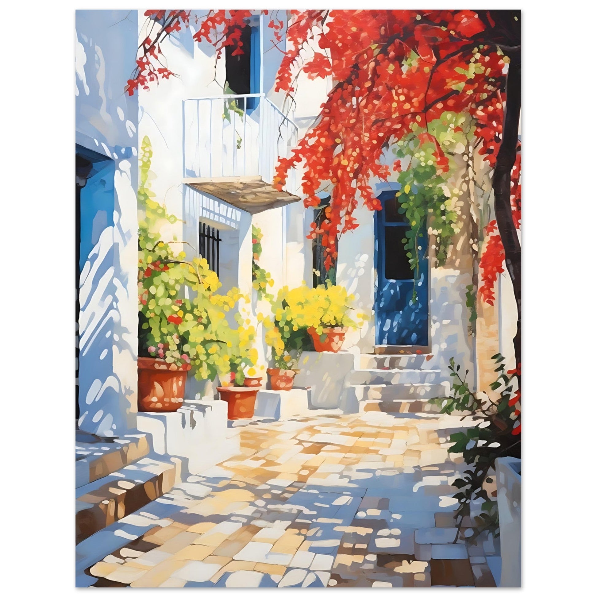 Greece Travel Print - Mediterranean Courtyard, bougainvillea, Mediterranean art print, Travel Poster, #illieeart #