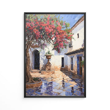 Vintage mediterranean bougainvillea courtyard painting print impressionist oil style blooming pink floral tree rustic white villa blue doors garden wall decor.