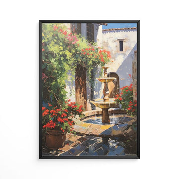 Vintage mediterranean courtyard fountain painting print old stone water fountain blooming terracotta potted plants rustic village home decor.