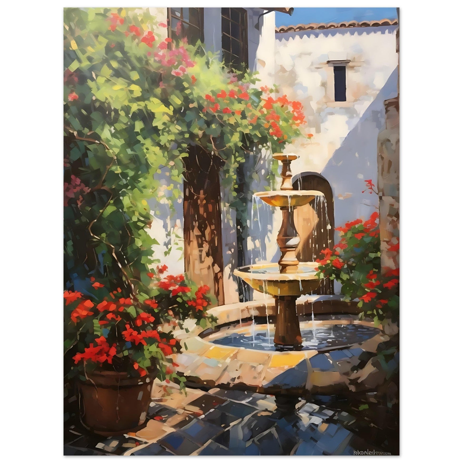 Greece - Village Cobbled Courtyard Scene, Fountain, Mediterranean art print, Travel Poster, #illieeart #