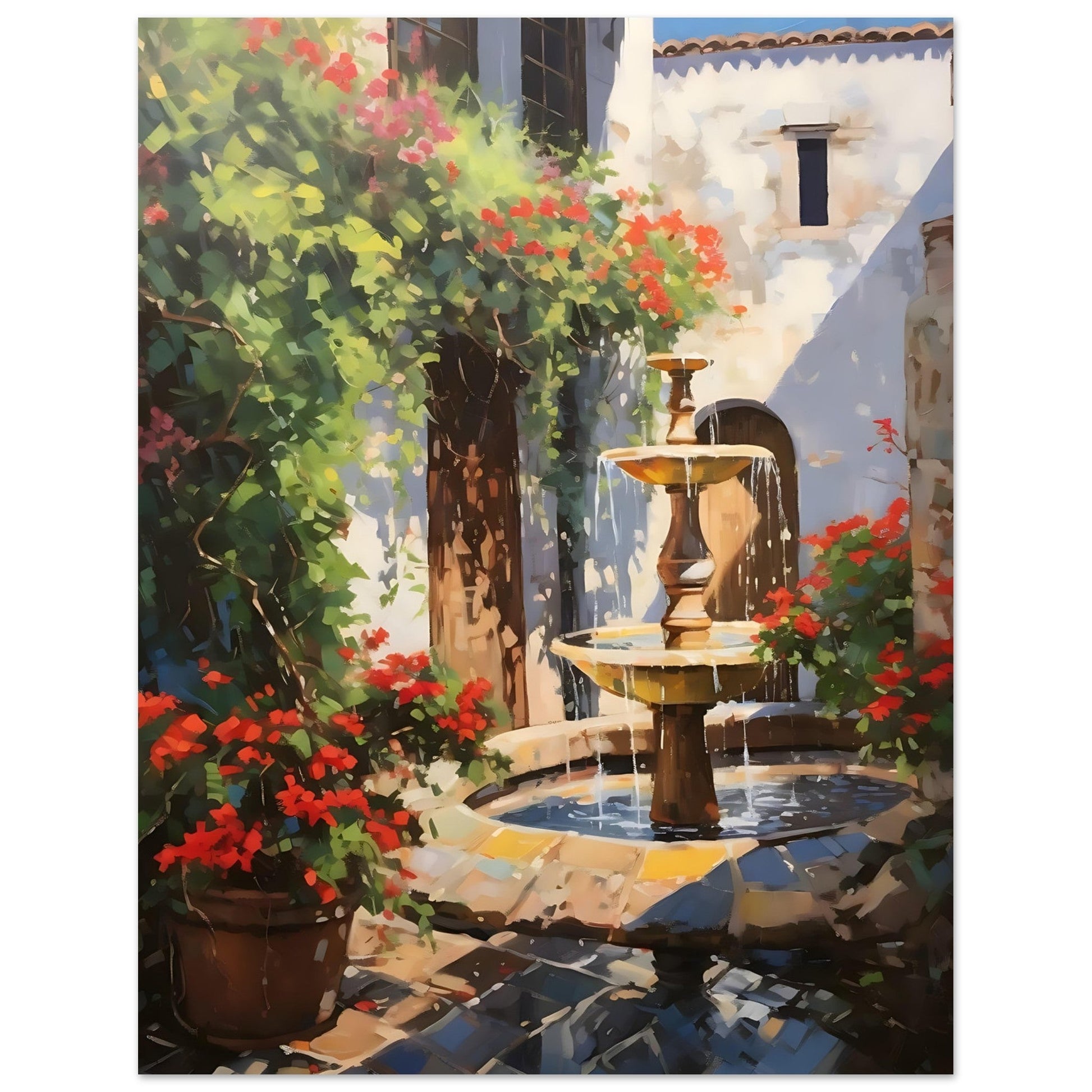 Greece - Village Cobbled Courtyard Scene, Fountain, Mediterranean art print, Travel Poster, #illieeart #