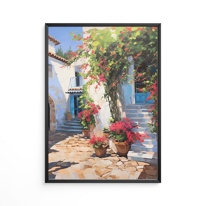 Vintage blue door bougainvillea courtyard painting print impressionist oil style white villa rustic stone path pink flowers home decor.