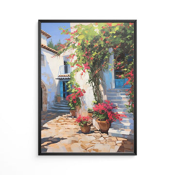 Vintage blue door bougainvillea courtyard painting print impressionist oil style white villa rustic stone path pink flowers home decor.
