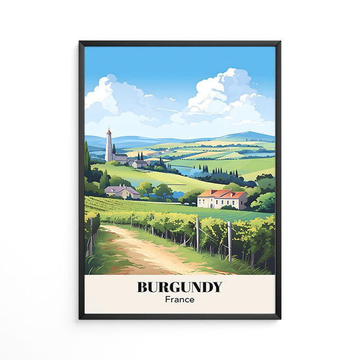 Vintage burgundy france vineyard travel art print retro wine country hills rustic countryside path landscape wall decor.