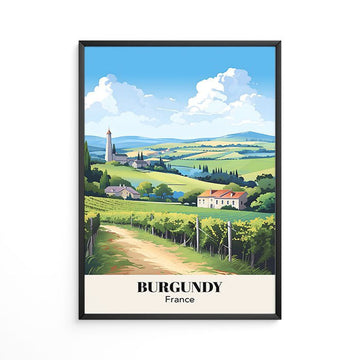 Vintage burgundy france vineyard travel art print retro wine country hills rustic countryside path landscape wall decor.