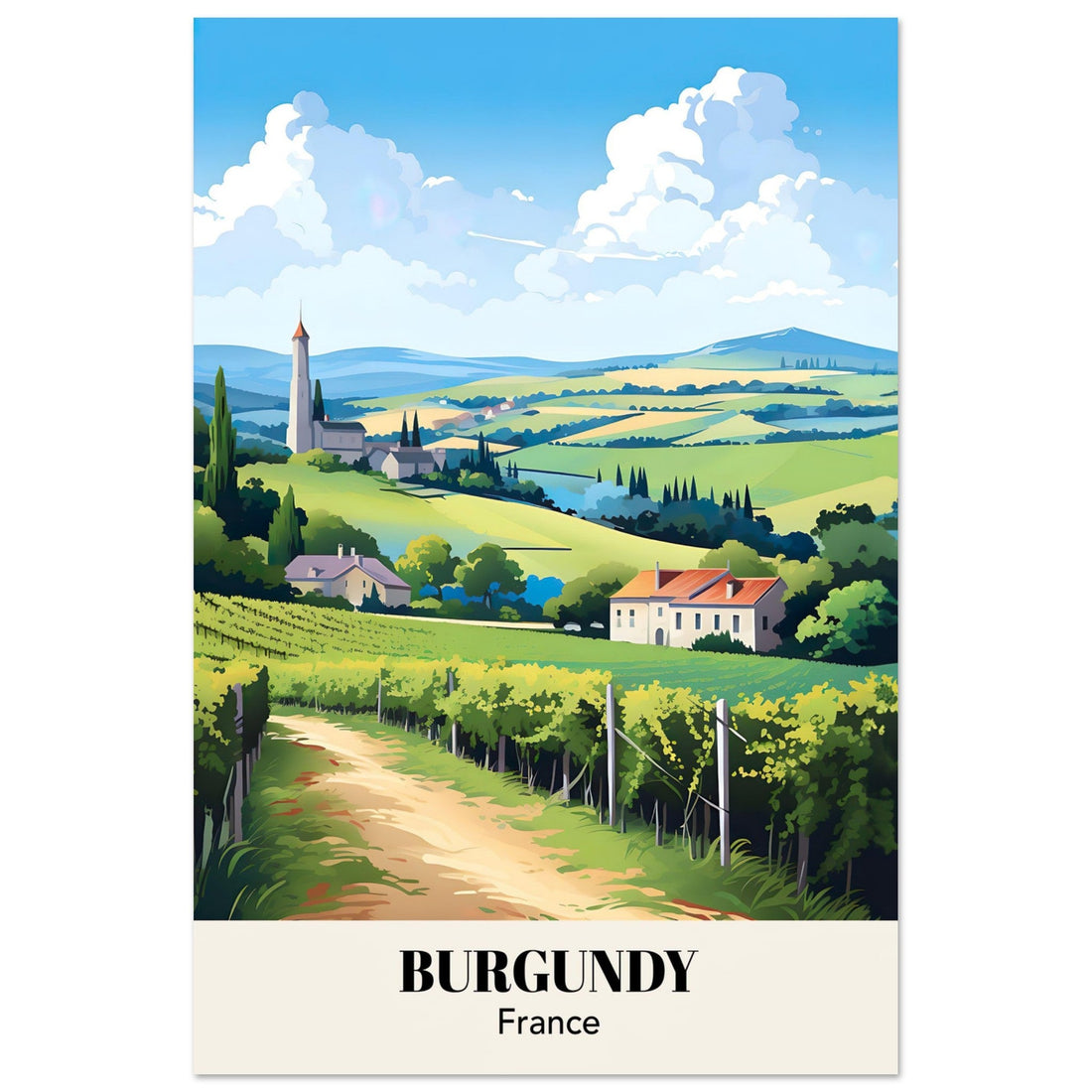 France | Burgundy Retro French County-side Travel Poster | Vintage Wall Art | Colorful Travel Print - Art Of Whim