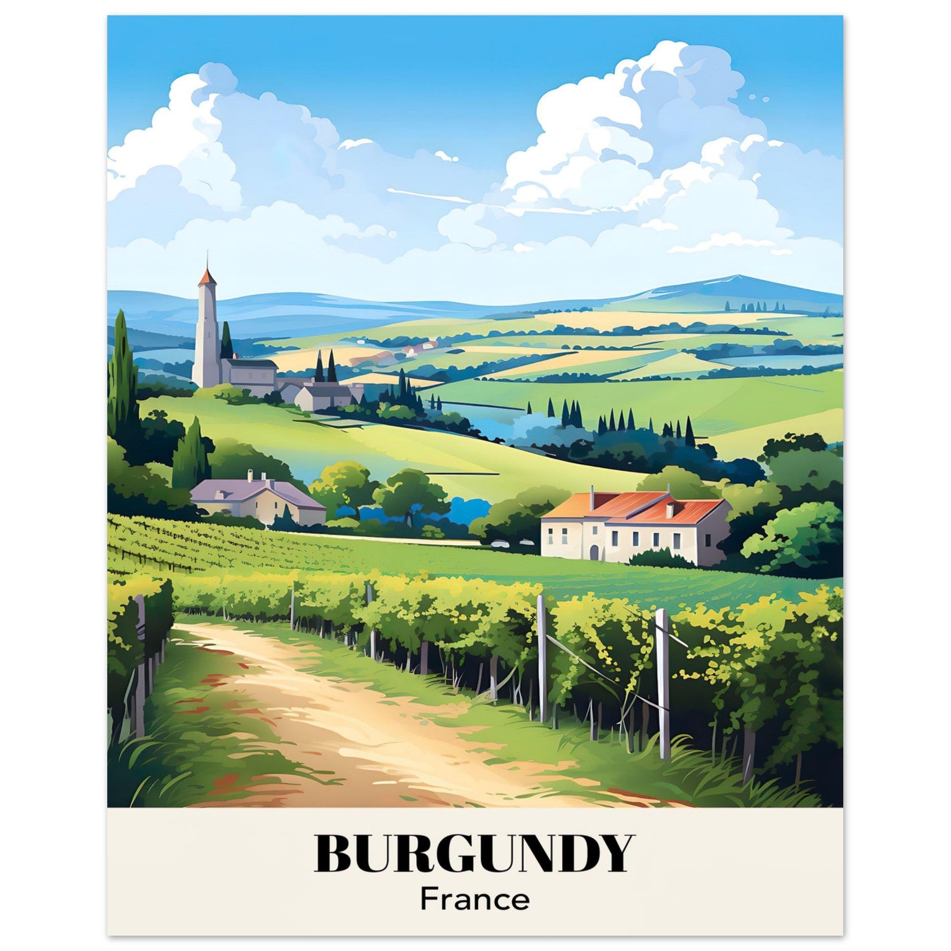 France | Burgundy Retro French County-side Travel Poster | Vintage Wall Art | Colorful Travel Print - Art Of Whim