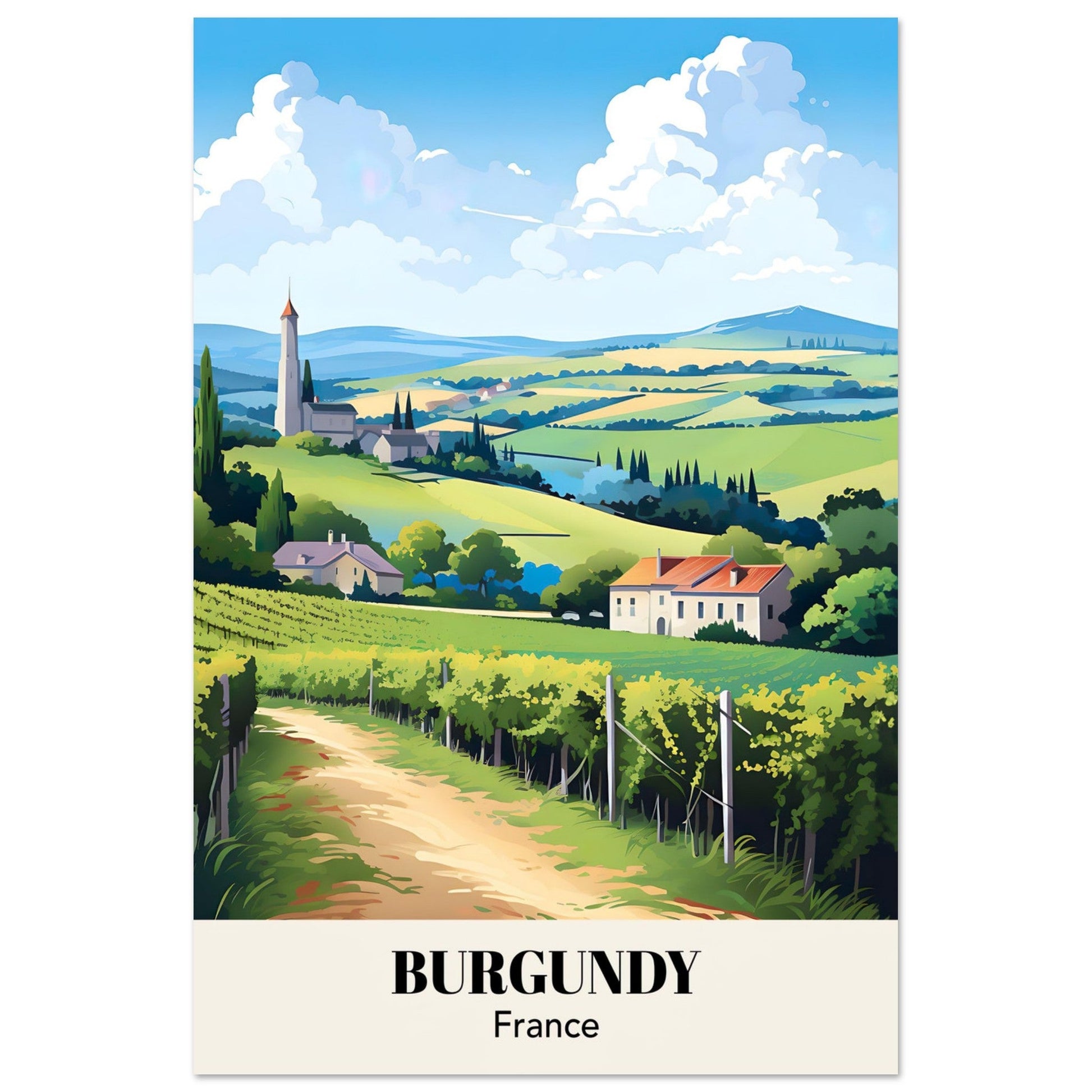 France | Burgundy Retro French County-side Travel Poster | Vintage Wall Art | Colorful Travel Print -Art Of Whim