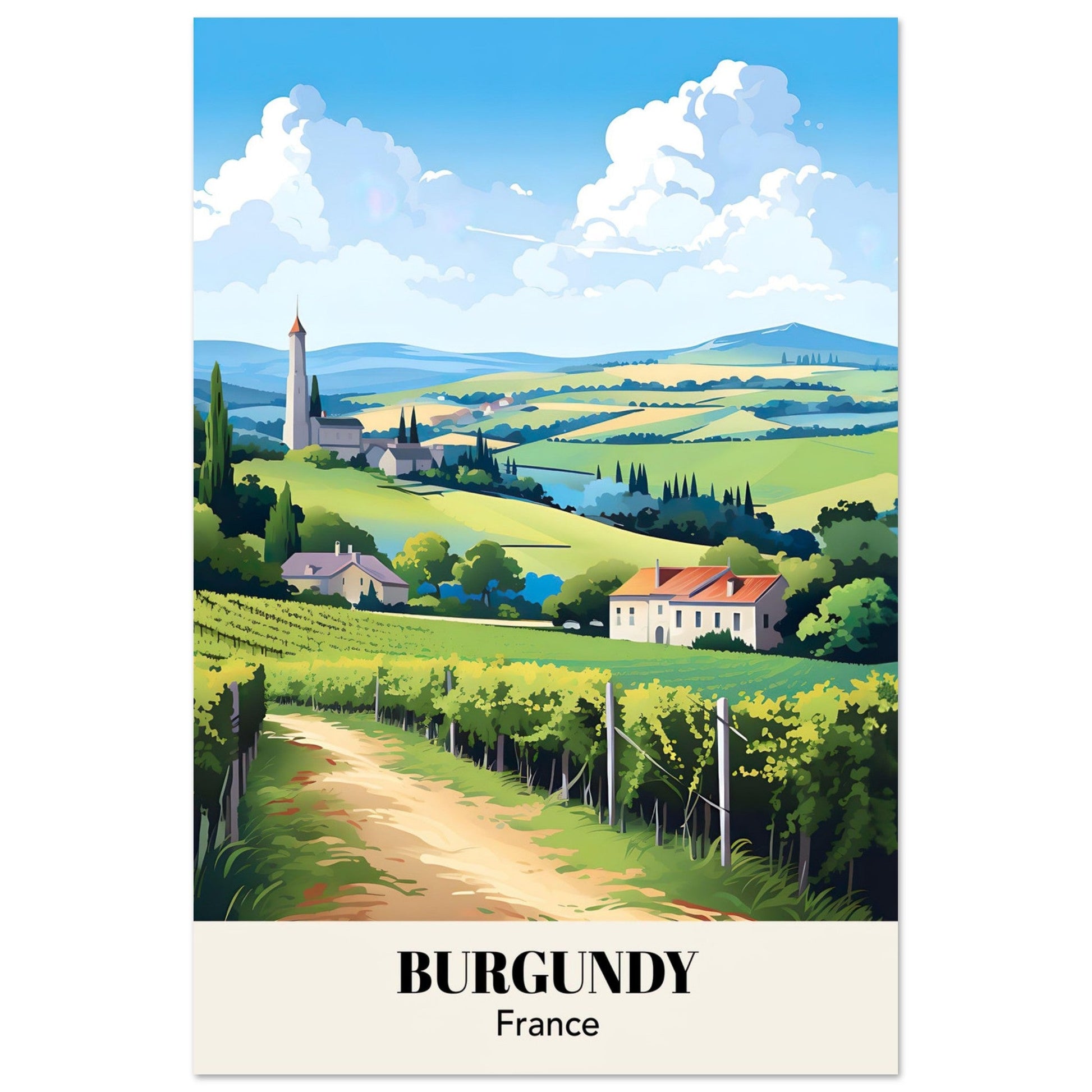 France | Burgundy Retro French County-side Travel Poster | Vintage Wall Art | Colorful Travel Print  - Art Of Whim